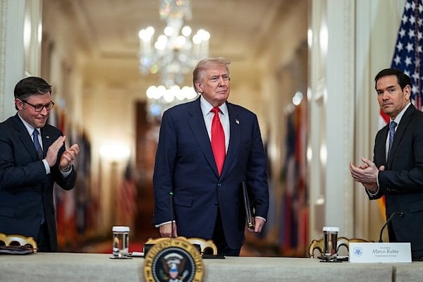 President Donald J. Trump arrives to a Saving College Sports roundtable, Friday, March 6, 2026, in the East Room of the White House. (Official White House photo by Daniel Torok)