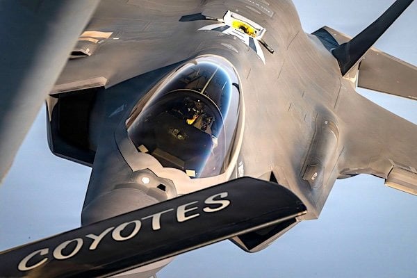 A U.S. Air Force F-35A stealth fighter jet is refueled over the Middle East on Sunday, July 12, 2026. (U.S. Central Command photo)