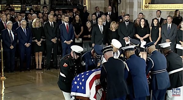 Sen. Lindsey Graham's casket is placed in the U.S. Capitol Rotunda on Tuesday, July 28, 2026 (Video screenshot)