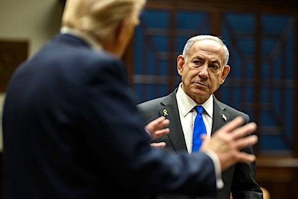 President Donald Trump and Israeli Prime Minister Benjamin Netanyahu talk in the Roosevelt Room of the White House, Monday, Sept. 29, 2025, before a bilateral meeting. (Official White House photo by Daniel Torok)