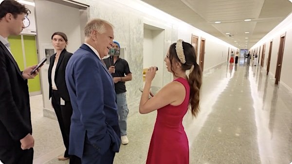 U.S. Sen. Thom Tillis, R-N.C., is questioned by journalist Sara Gonzales on Tuesday, July 14, 2026 (Video screenshot)