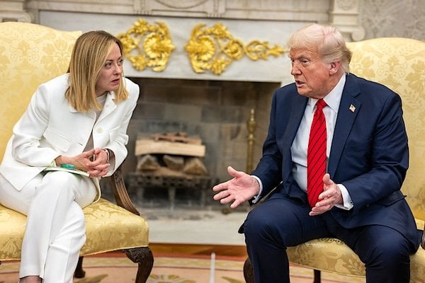 President Donald Trump holds a bilateral meeting with Prime Minister Giorgia Meloni of Italy, Thursday, April 17, 2025, in the Oval Office. (Official White House photo by Daniel Torok)