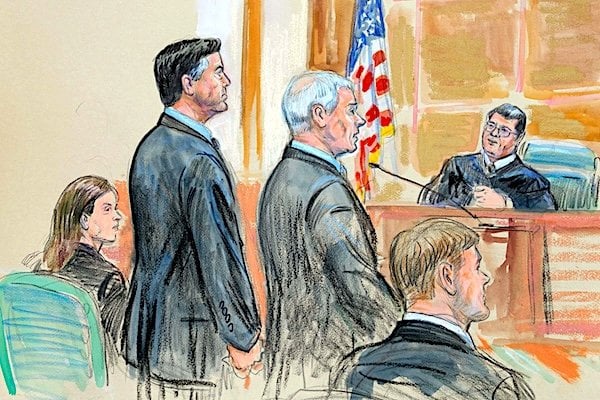 James Comey courtroom sketch from his arraignment Wednesday, Oct. 8, 2025, in federal court in Alexandria, Virginia (By Dana Verkouteren)