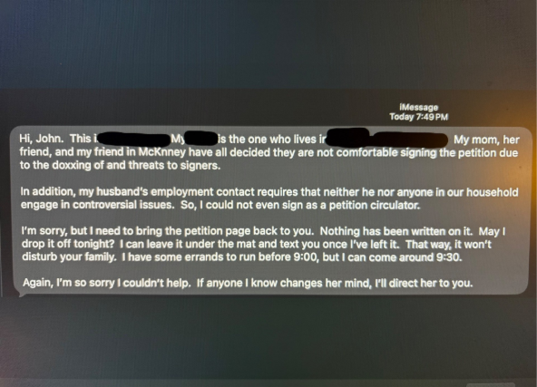 A phone screen shows a message explaining why the sender cannot help circulate a petition due to concerns about doxxing, threats, and employment restrictions, and offers to bring the petition page back that night.