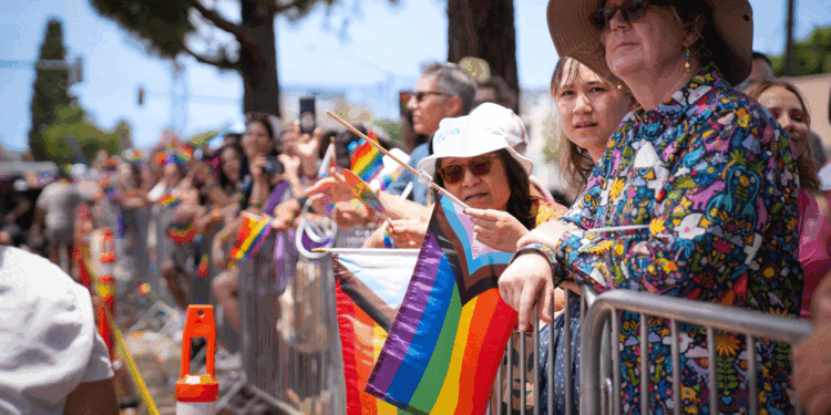 A diverse crowd stands behind metal barricades at a Pride parade, holding rainbow and Progress Pride flags. People wear colorful attire and hats, watching the event on a sunny day. Trees and street signs are visible in the background.