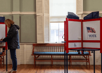 People vote in the presidential primary on at Community House in Rockport, Massachusetts, on March 5, 2024. (Joseph Prezioso / AFP via Getty Images)