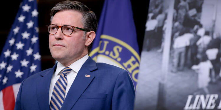 Mike Johnson in a blue suit and striped tie stands in front of U.S. flags, a sign with a black-and-white photo labeled LINE, and what appears to be the entrance to a government house. He appears serious and attentive.