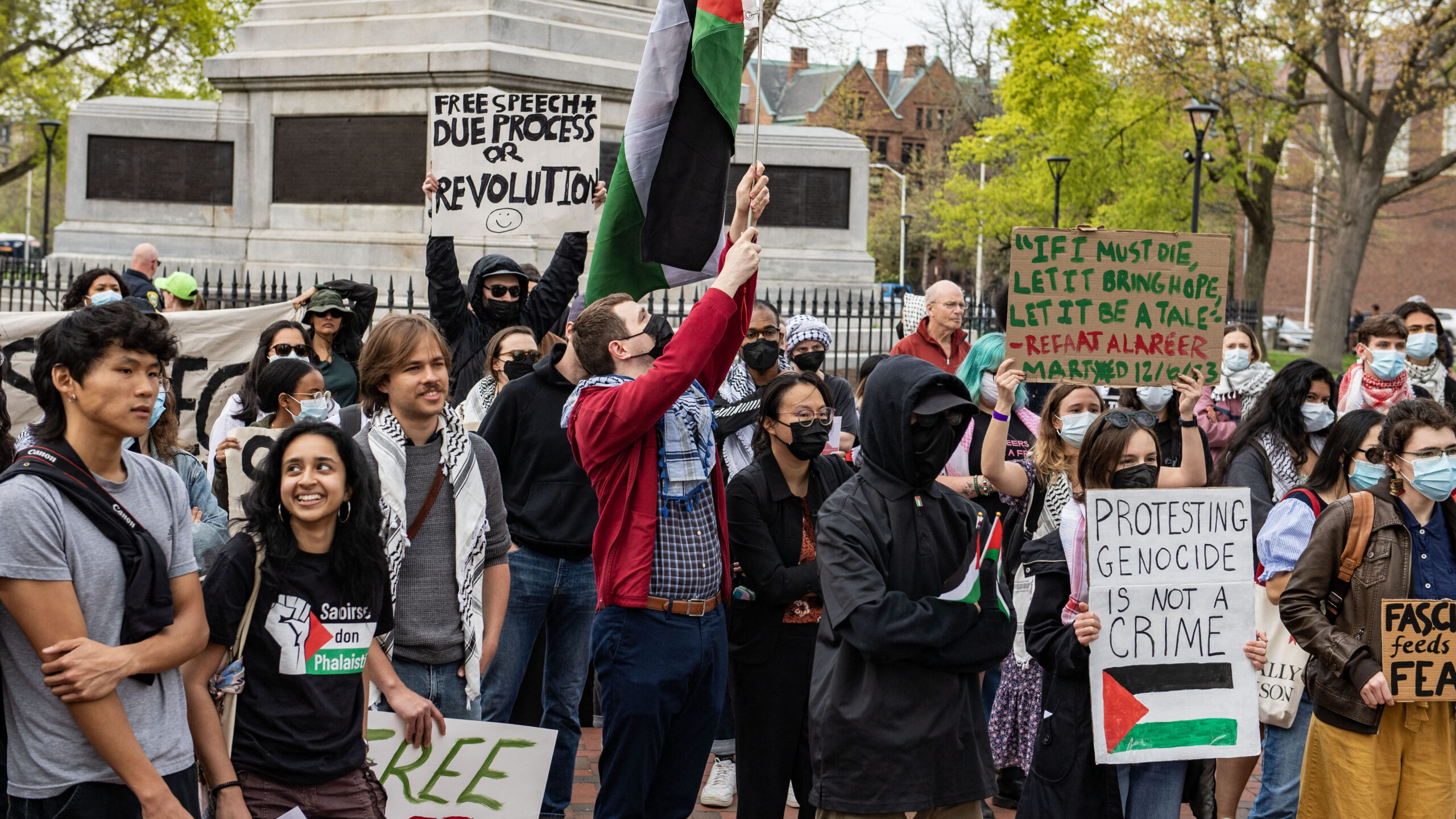 Demonstrators gather on Cambridge Common to protest Harvard's stance on the war in Gaza and show support for the Palestinian people, outside Harvard University in Cambridge, Massachusetts, April 25, 2025. (Photo by Joseph Prezioso / AFP) (Photo by JOSEPH PREZIOSO/AFP via Getty Images)