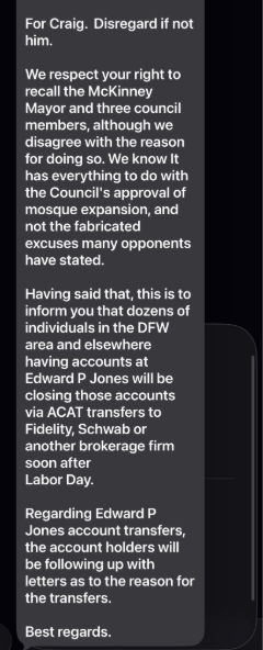 Screenshot of a message discussing the recall of the McKinney Mayor, council decisions, council members, and Edward P Jones account transfers ahead of Labor Day.