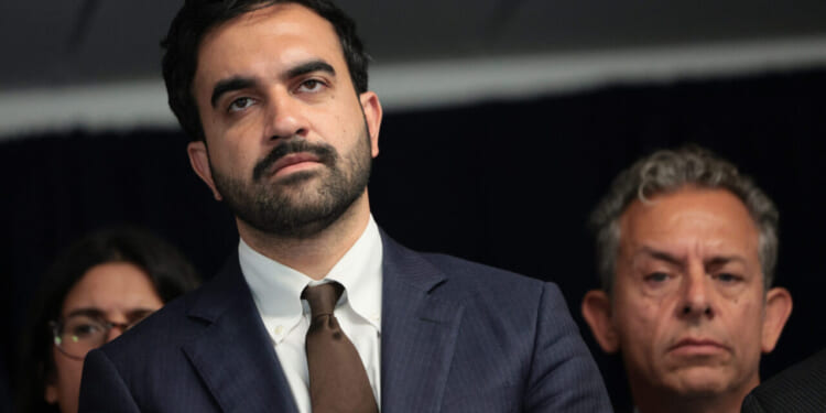 Zohran Mamdani in a blue suit and brown tie stands in front of a dark background, looking serious, Two other people, a woman and a man, are partially visible behind him.