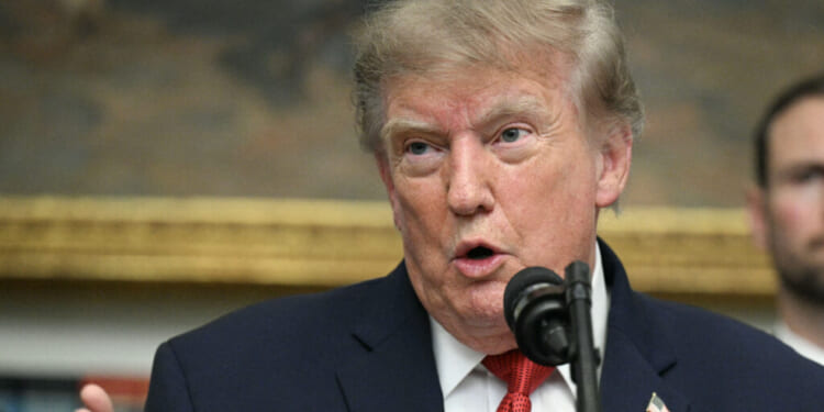 President Donald Trump in a dark suit speaks into a microphone, gesturing with his hand. He has light hair and is standing in front of a blurred painting or background.