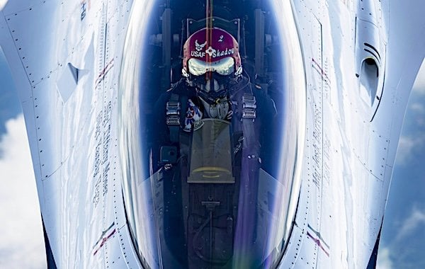 Maj. Joshua Burress, a pilot with the U.S. Air Force Demonstration Squadron, the Thunderbirds, prepares to be refueled by a KC-135 Stratotanker with the 121st Air Refueling Wing over the skies of Virginia, June 18, 2025. (U.S. Air National Guard photo by Staff Sgt. Ivy Thomas)