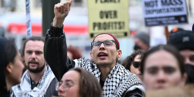 Pro-Palestinian activists are gather outside of the Federal building to protest Israeli attacks on Palestine, in San Francisco, California, United States on April 25, 2025. (Photo by Tayfun Coskun /Anadolu via Getty Images)