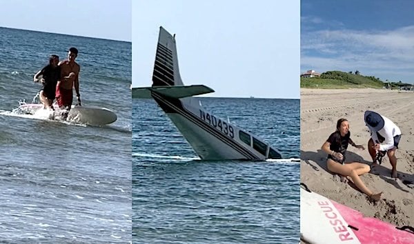 Faith Tenkley, 23, is rescued after crashing her small plane into the Atlantic Ocean just off Boca Raton, Florida, on Saturday, Aug, 22, 2026 (Video screenshots)