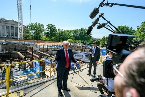 President Donald J. Trump speaks with members of the media next to the ongoing construction of the East Wing and Ballroom, Tuesday, May 19, 2026. (Official White House Photo by Joyce N. Boghosian)