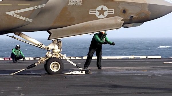 A U.S. Marine Corps F-35C stealth fighter jet launches from USS Abraham Lincoln as the aircraft carrier transits the Arabian Sea and supports the U.S. blockade against Iran on Monday, Aug. 3, 2026 (U.S. Central Command)