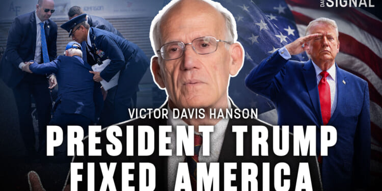 A collage with Victor Davis Hanson in the center, U.S. flag background, Donald Trump saluting, people helping a man up stairs, and bold text: President Trump Fixed America—showcasing the spirit of resilience and unity that defines America.