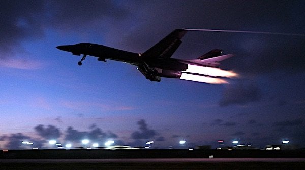 A B-1B Lancer assigned to the 34th Expeditionary Bomb Squadron, Ellsworth Air Force Base, South Dakota, takes off during a training mission in support of Bomber Task Force 25-1 at Andersen Air Force Base, Guam, Feb. 24, 2025. (U.S. Air Force photo by Tech. Sgt. Robert M. Trujillo)