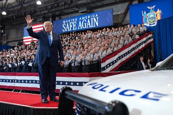 President Donald J. Trump delivers remarks at the David S. Mack Center for Training and Intelligence in Garden City, New York, Friday, Aug. 14, 2026. (Official White House photo by Molly Riley)