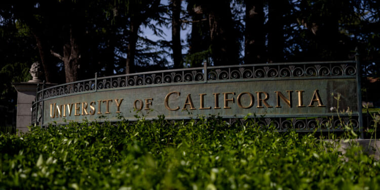 A metal sign reads University of California in gold letters, partially obscured by green foliage, with trees and a dark background behind it.