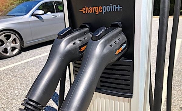 An electric vehicle charging station at a Maryland Welcome Center on Sept. 2, 2021. (Photo by Joe Kovacs)