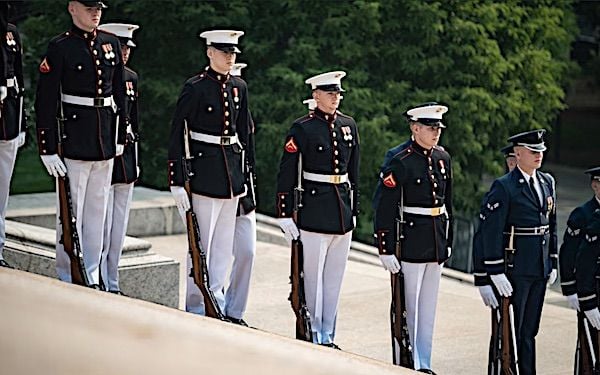 Service members participate in an Armed Forces full honors wreath-laying ceremony at the Tomb of the Unknown Soldier at Arlington National Cemetery, Arlington, Virginia, June 7, 2023. (U.S. Army photo by Elizabeth Fraser)