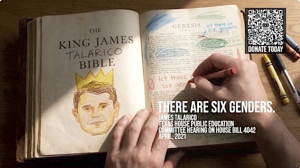 An A.I.-generated James Talarico is shown writing his own personal verses in a 'King James Talaricoi Bible' in a Ken Paxton campaign ad debuting on Tuesday, Sept. 8, 2026