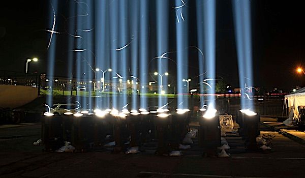 The Towers of Light display illuminates the night sky at the Pentagon, Sept. 9, 2021, honoring those who lost their lives in the terror attacks of Sept. 11, 2001. (U.S. Air Force photo by Staff Sgt. Brittany A. Chase)