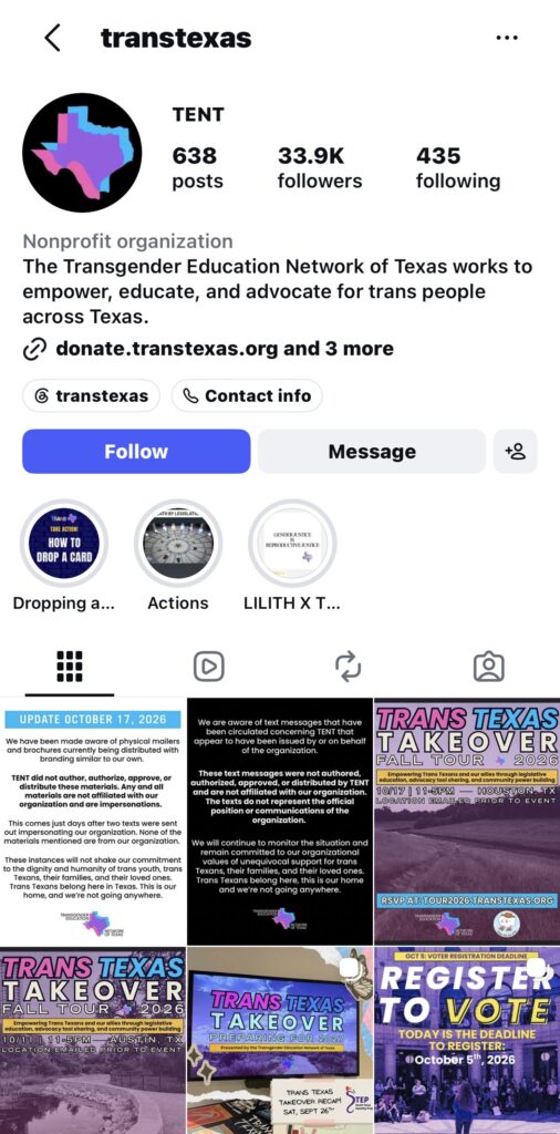 Mystery: Who's Sending Transgender Guides to Texans? 2 Instagram profile page for the Transgender Education Network of Texas, showing their bio, contact links, highlight icons, and a grid of recent posts.
