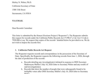 A formal letter from the Honest Elections Project to the California Secretary of State requesting records related to correspondence with DHS and the Department of Justice regarding voter eligibility and investigations.