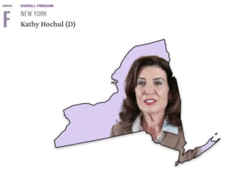 A report card for New York giving Governor Kathy Hochul an F grade for overall freedom, featuring a map of New York superimposed with her portrait.