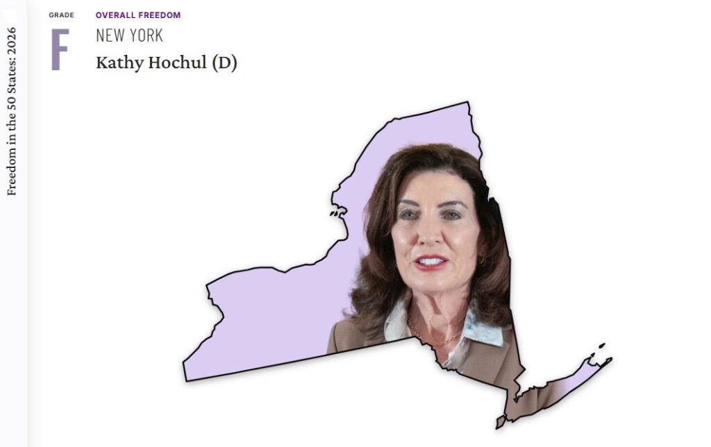 How Bruce Blakeman Could Block Mamdani 1 A report card for New York giving Governor Kathy Hochul an F grade for overall freedom, featuring a map of New York superimposed with her portrait.