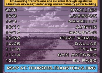 Flyer for the Trans Texas Takeover Fall 2026 tour, listing event dates and locations across Texas with a website link for RSVPs.