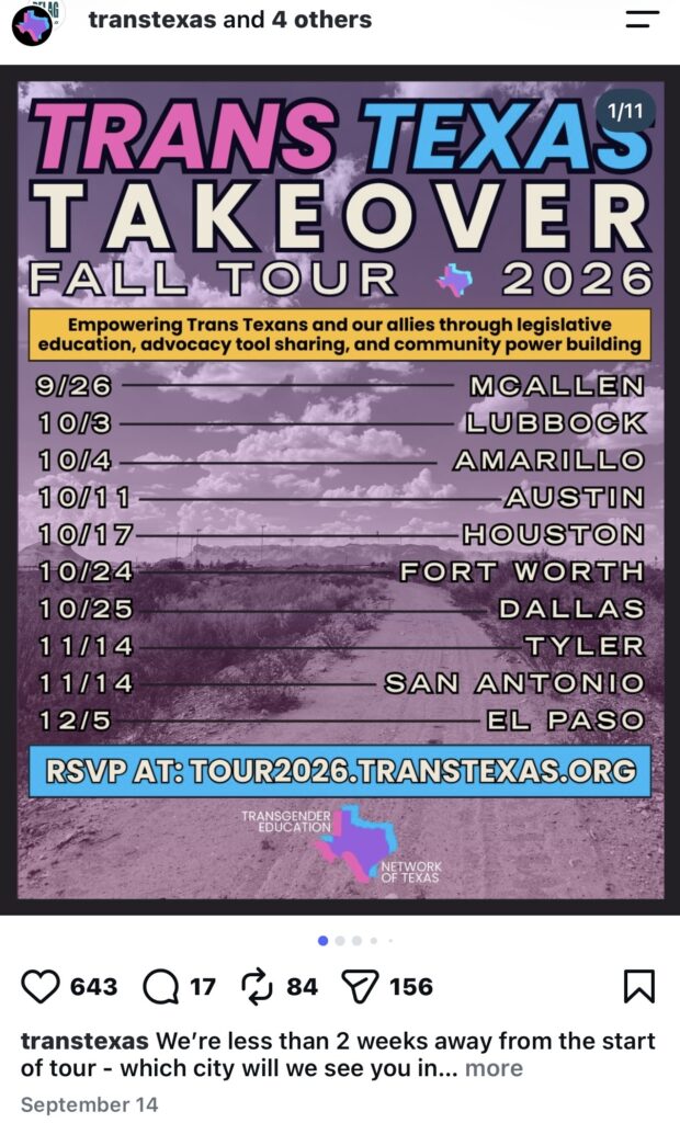 Mystery: Who's Sending Transgender Guides to Texans? 1 Flyer for the Trans Texas Takeover Fall 2026 tour, listing event dates and locations across Texas with a website link for RSVPs.