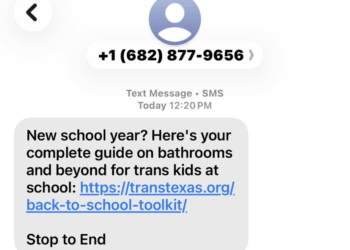 A text message from +1 (682) 877-9656 sharing a back-to-school guide for trans kids at transtexas.org/back-to-school-toolkit/.