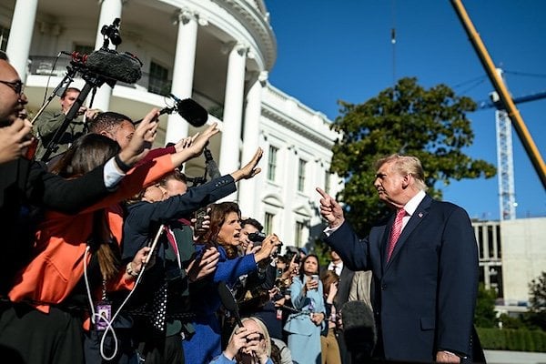 President Donald J. Trump speaks with members of the media before departing on Marine One to Joint Base Andrews, Maryland, Monday, Oct. 19, 2026. (Official White House photo by Joyce N. Boghosian)