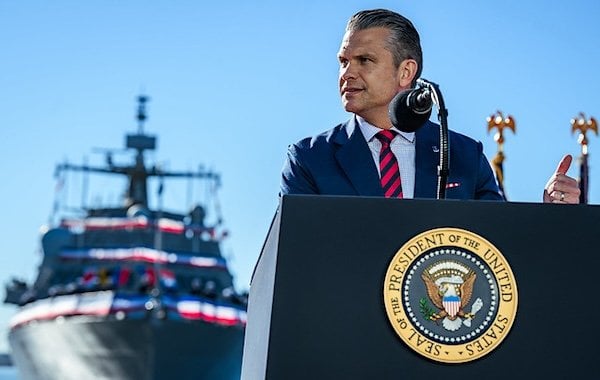 U.S. War Secretary Pete Hegseth delivers remarks on defense manufacturing investments by Anduril Industries to build a submarine and autonomous vessel shipyard at Sparrows Point, Baltimore, Maryland, Tuesday, Oct. 6, 2026. (Official White House photo by Daniel Torok)